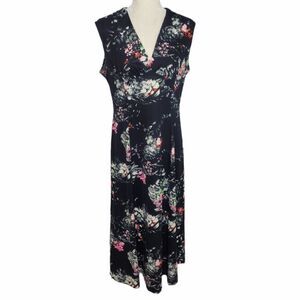 VINTAGE 60s/70s dress black floral‎ sleeveless midi  M